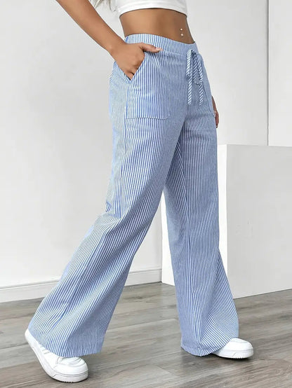 Pantalones de rayas de pierna ancha con cordón para mujer