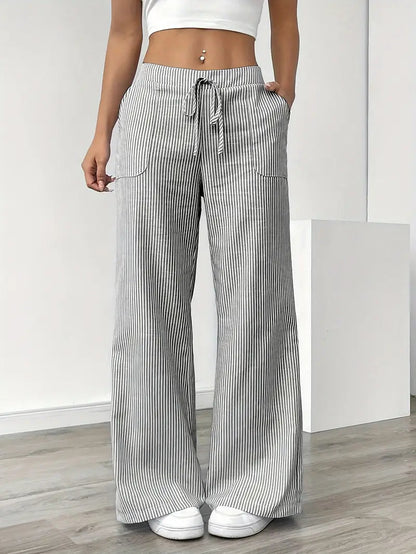 Pantalones de rayas de pierna ancha con cordón para mujer