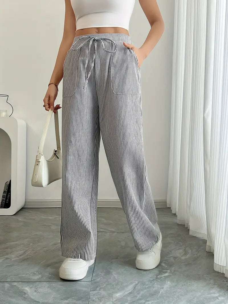 Pantalones de rayas de pierna ancha con cordón para mujer