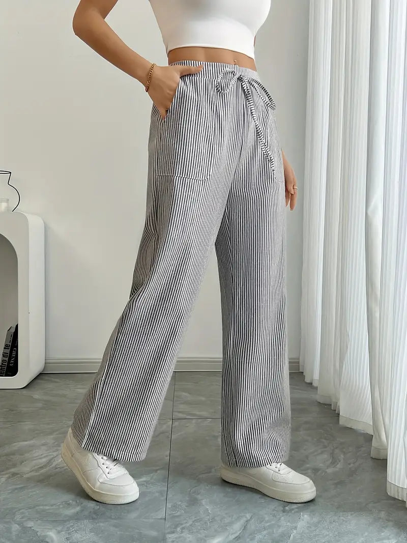 Pantalones de rayas de pierna ancha con cordón para mujer