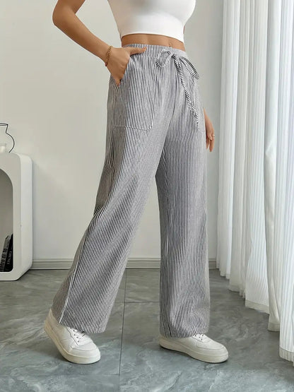 Pantalones de rayas de pierna ancha con cordón para mujer