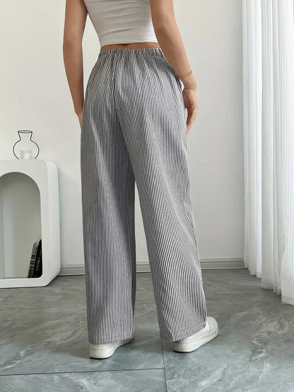 Pantalones de rayas de pierna ancha con cordón para mujer