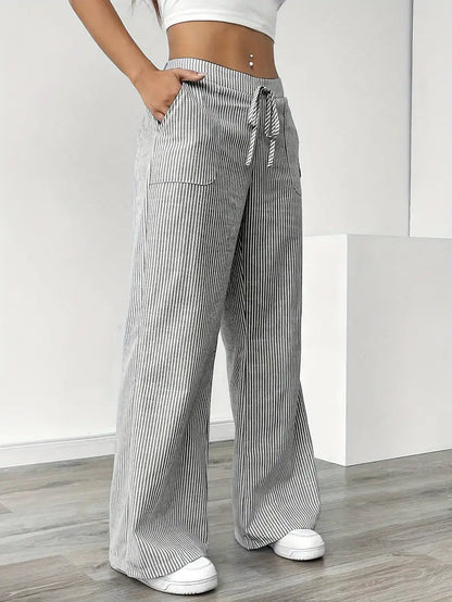 Pantalones de rayas de pierna ancha con cordón para mujer