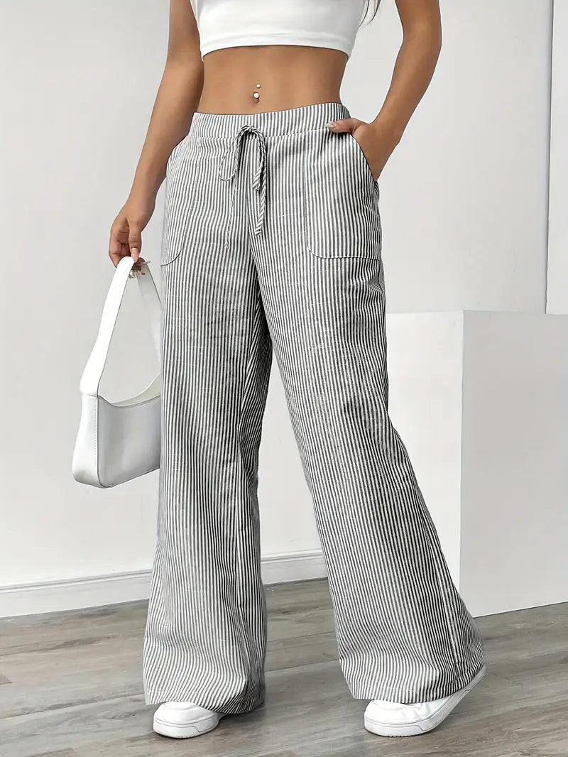 Pantalones de rayas de pierna ancha con cordón para mujer