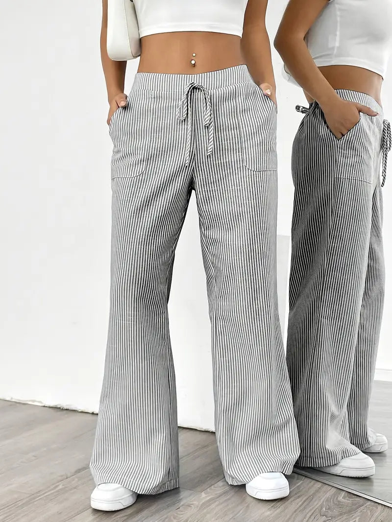 Pantalones de rayas de pierna ancha con cordón para mujer