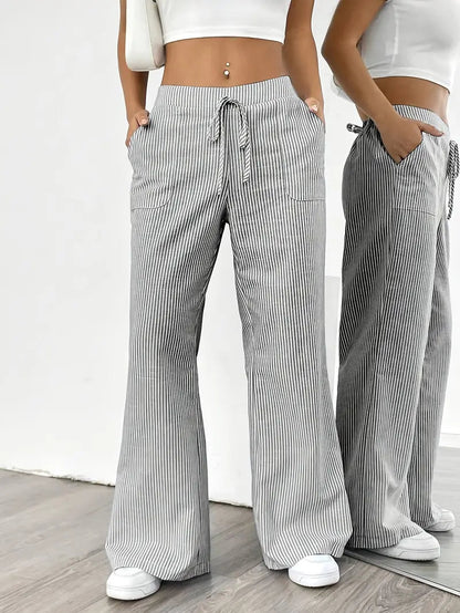 Pantalones de rayas de pierna ancha con cordón para mujer