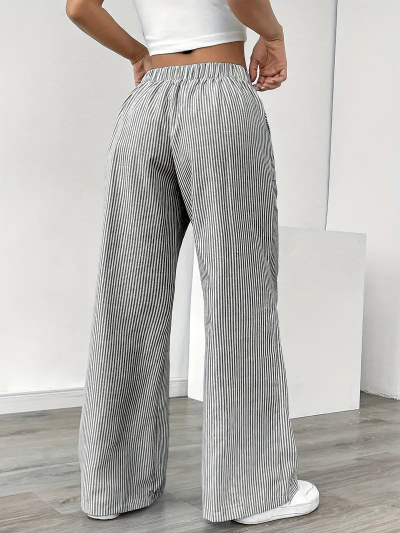 Pantalones de rayas de pierna ancha con cordón para mujer