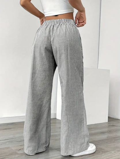 Pantalones de rayas de pierna ancha con cordón para mujer