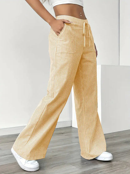 Pantalones de rayas de pierna ancha con cordón para mujer