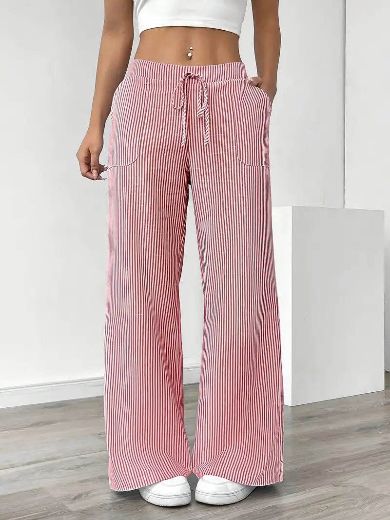 Pantalones de rayas de pierna ancha con cordón para mujer