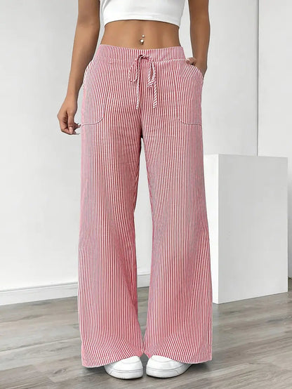 Pantalones de rayas de pierna ancha con cordón para mujer