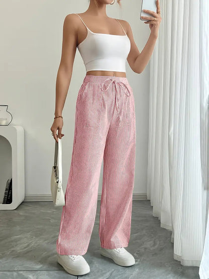 Pantalones de rayas de pierna ancha con cordón para mujer