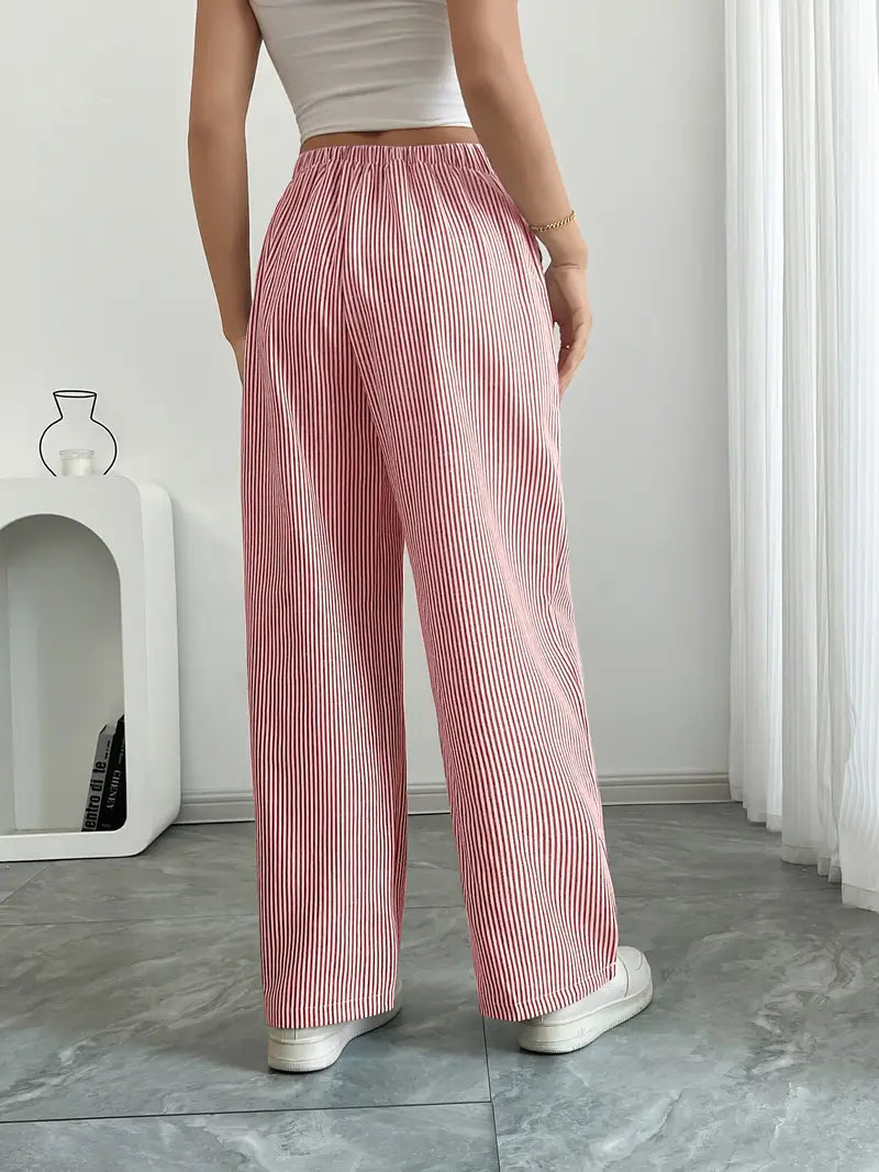 Pantalones de rayas de pierna ancha con cordón para mujer