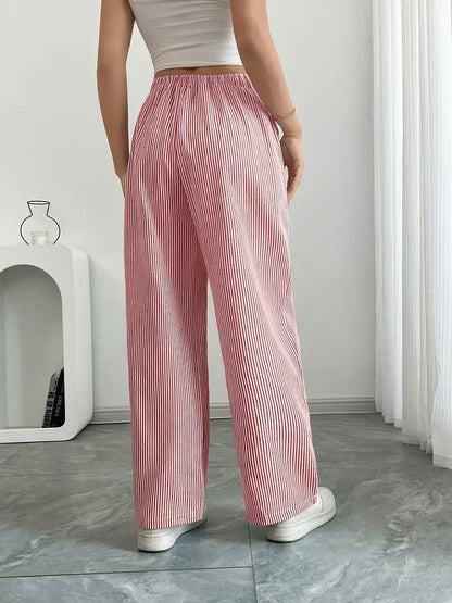 Pantalones de rayas de pierna ancha con cordón para mujer