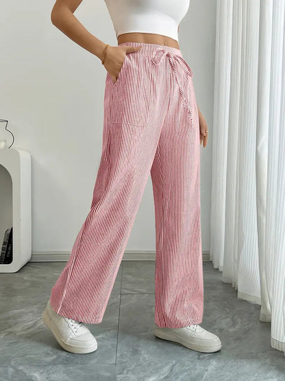 Pantalones de rayas de pierna ancha con cordón para mujer