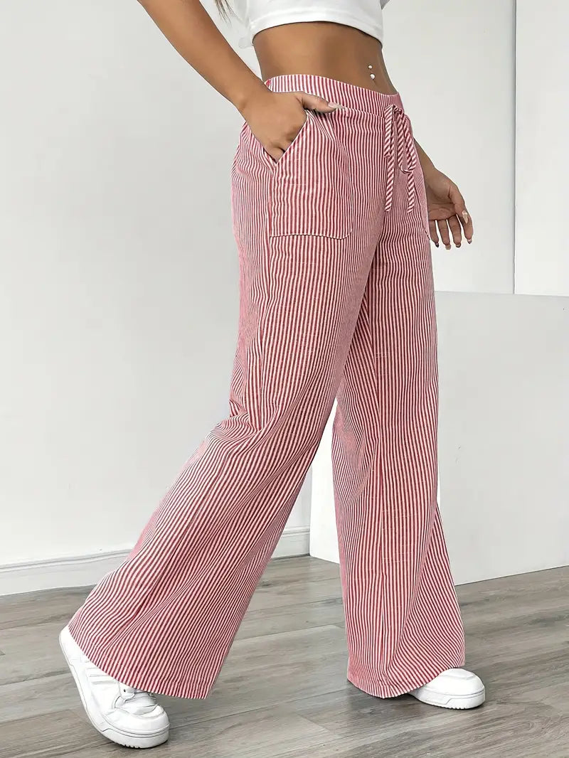 Pantalones de rayas de pierna ancha con cordón para mujer
