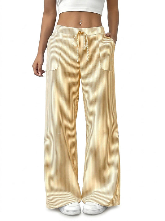 Pantalones de rayas de pierna ancha con cordón para mujer