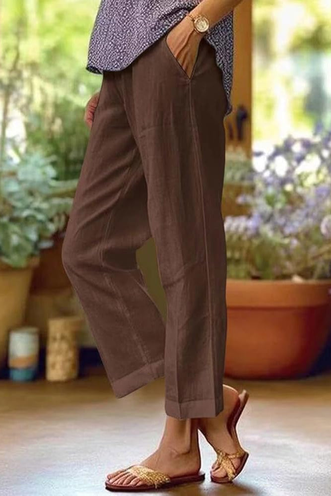 Pantalones lino rectos cropped con vuelta para mujer