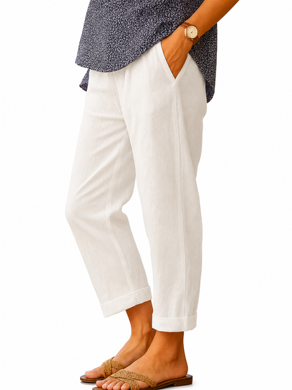 Pantalones lino rectos cropped con vuelta para mujer