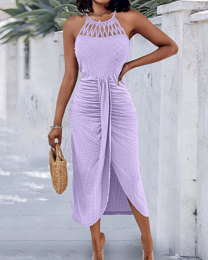 Vestido midi mujer jacquard halter abertura elegante verano