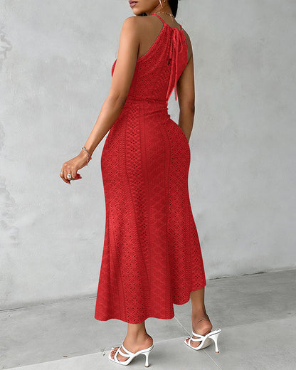 Vestido midi mujer jacquard halter abertura elegante verano