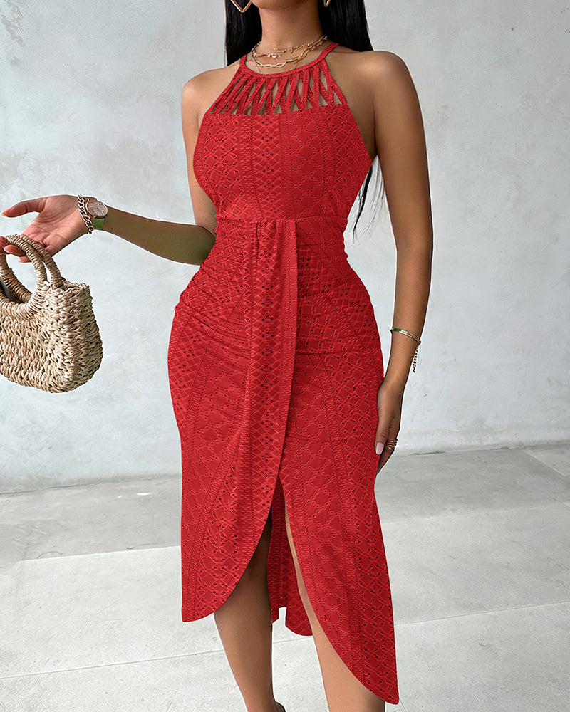 Vestido midi mujer jacquard halter abertura elegante verano