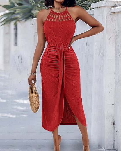Vestido midi mujer jacquard halter abertura elegante verano