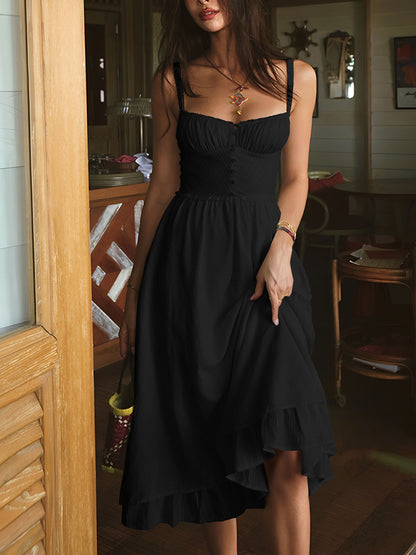 Mónica | Vestido midi para mujer con tirantes finos y volantes
