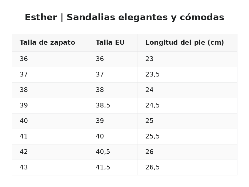 Esther | Sandalias elegantes y cómodas — guía de tallas