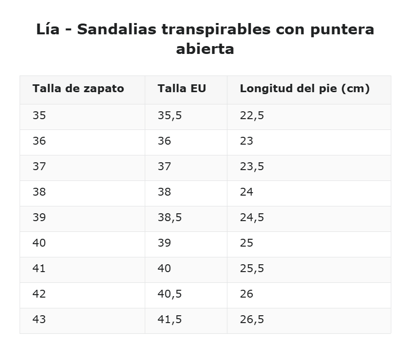 Lía - Sandalias transpirables con puntera abierta — guía de tallas