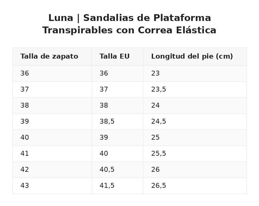 Luna | Sandalias de Plataforma Transpirables con Correa Elástica — guía de tallas
