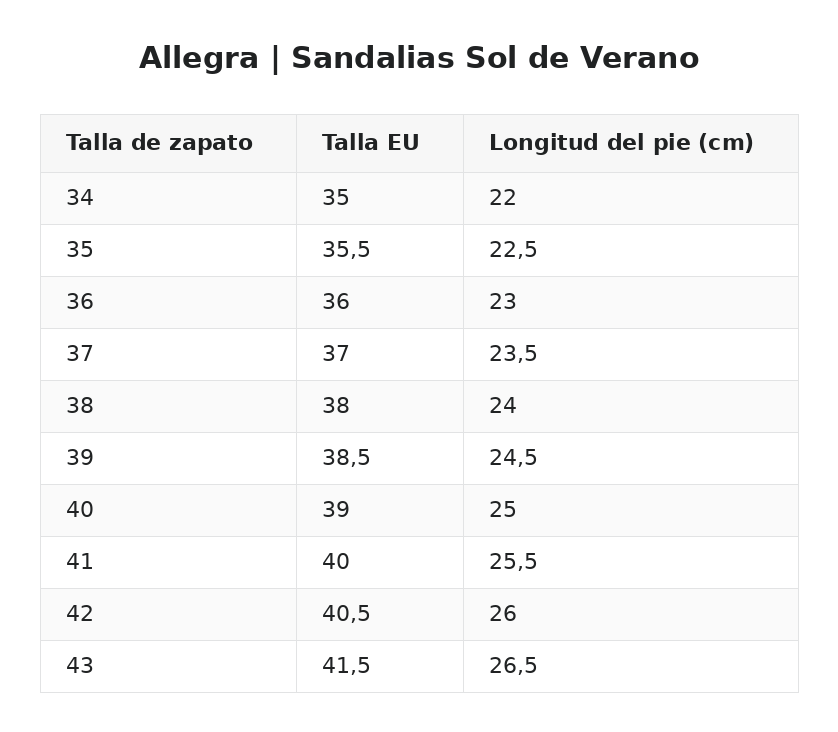 Allegra™ | Sandalias Sol de Verano — guía de tallas