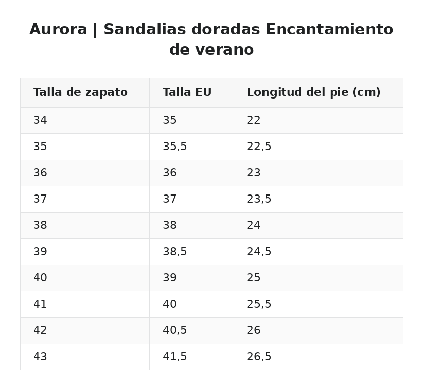 Aurora™ | Sandalias doradas Encantamiento de verano — guía de tallas