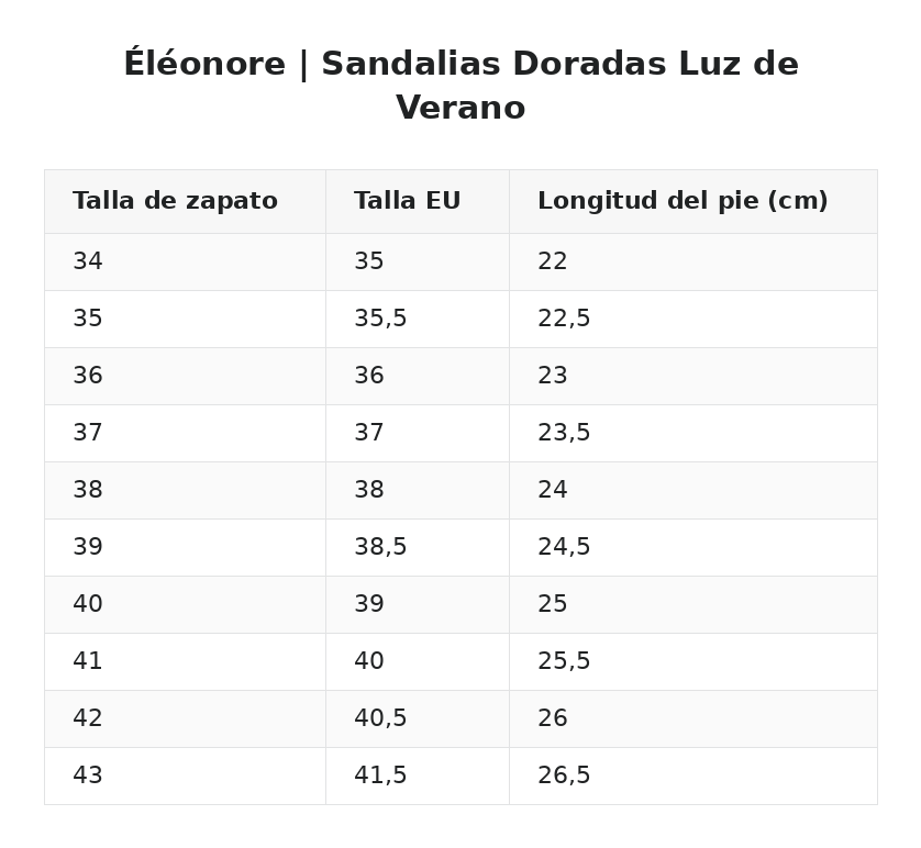 Éléonore™ | Sandalias Doradas Luz de Verano — guía de tallas