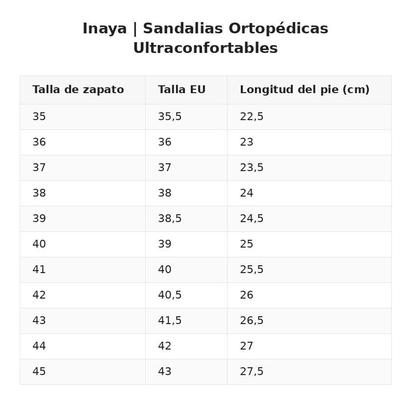 Inaya™ | Sandalias Ortopédicas Ultraconfortables — guía de tallas