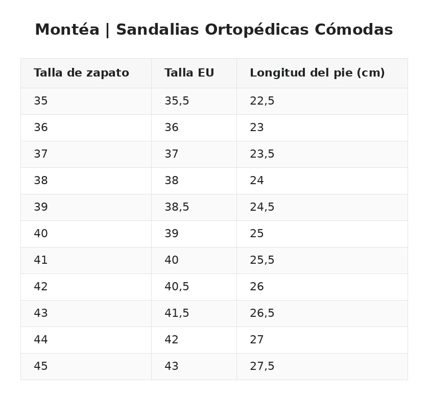 Montéa™ | Sandalias Ortopédicas Cómodas — guía de tallas