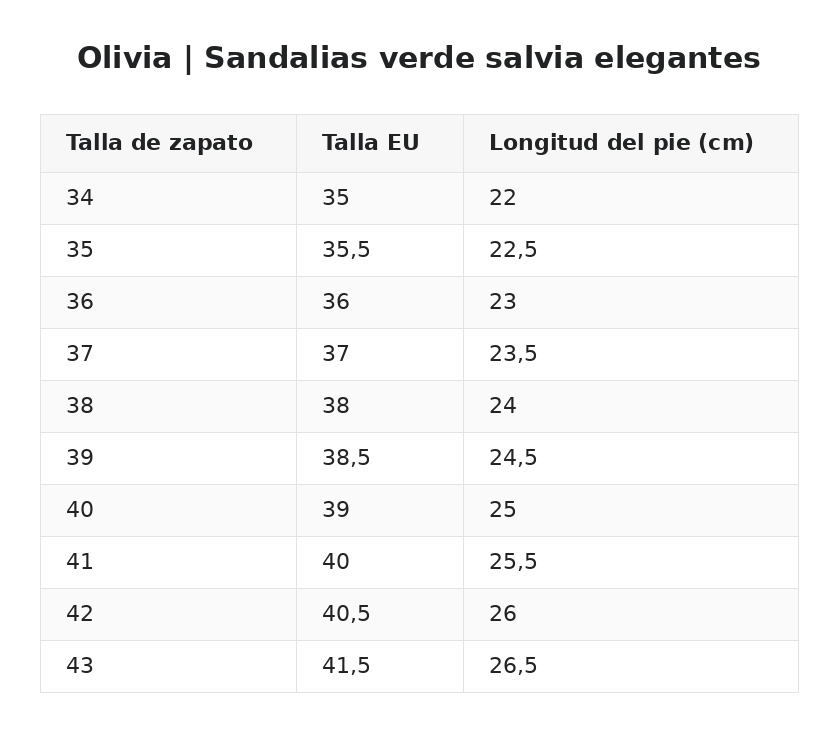 Olivia™ | Sandalias verde salvia elegantes — guía de tallas