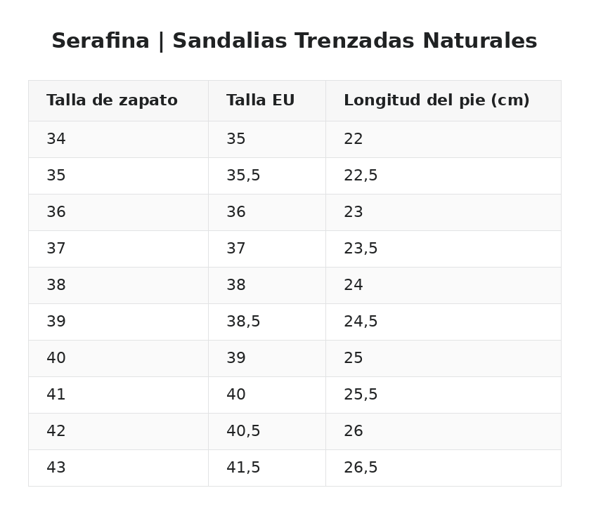 Serafina™ | Sandalias Trenzadas Naturales — guía de tallas