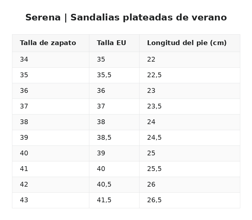 Serena™ | Sandalias plateadas de verano — guía de tallas