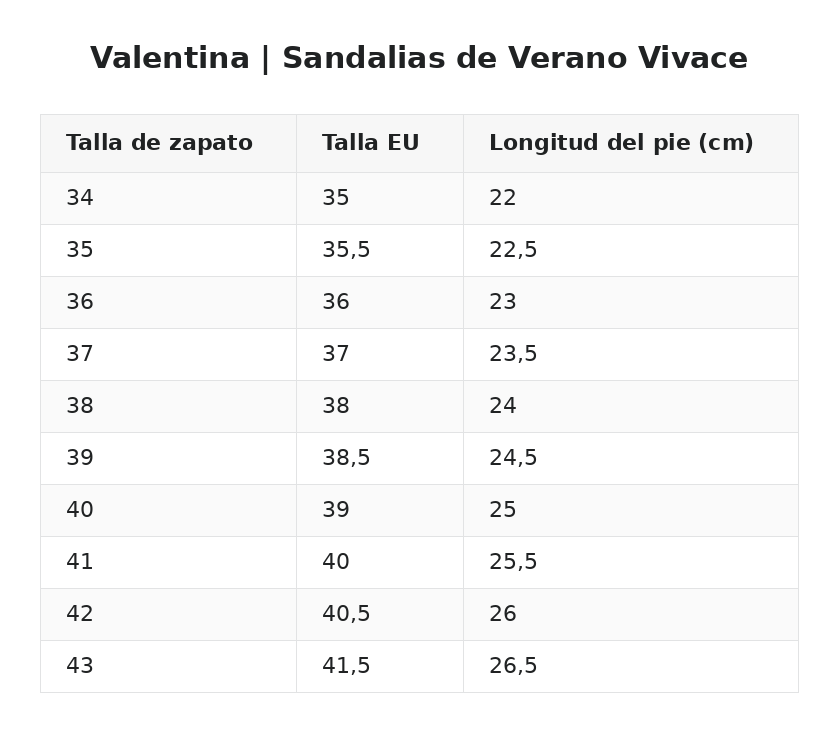Valentina™ | Sandalias de Verano Vivace — guía de tallas