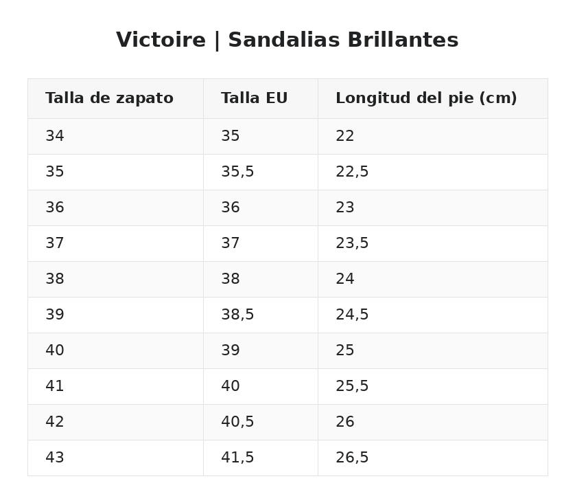 Victoire™ | Sandalias Brillantes — guía de tallas