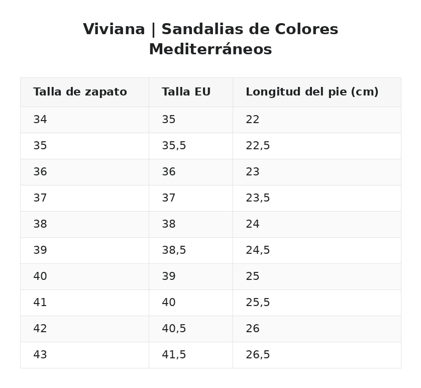 Viviana™ | Sandalias de Colores Mediterráneos — guía de tallas