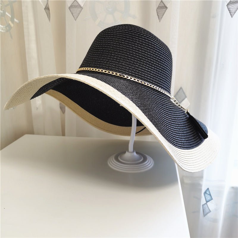 Sombrero de sol de ala ancha bicolor para mujer con cadena