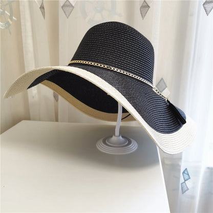 Sombrero de sol de ala ancha bicolor para mujer con cadena