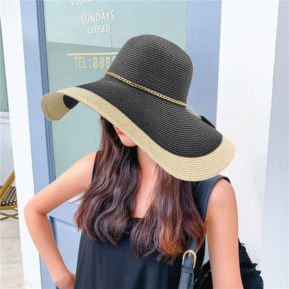 Sombrero de sol de ala ancha bicolor para mujer con cadena