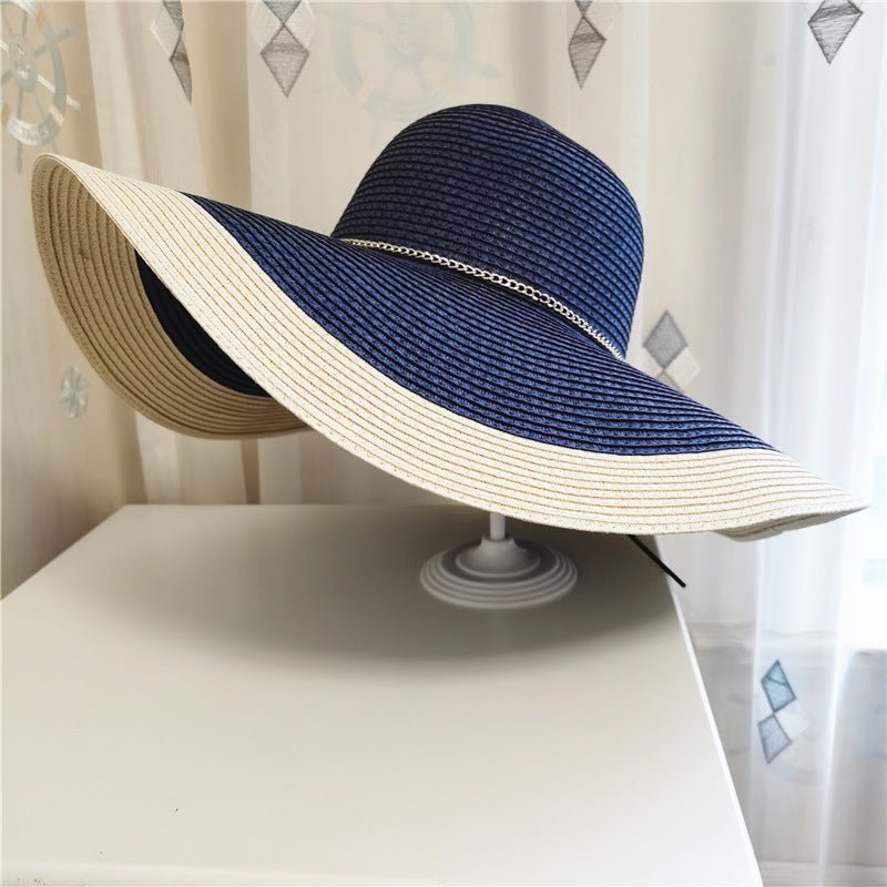 Sombrero de sol de ala ancha bicolor para mujer con cadena