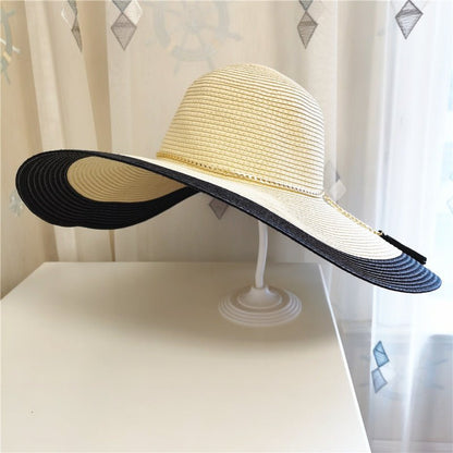 Sombrero de sol de ala ancha bicolor para mujer con cadena