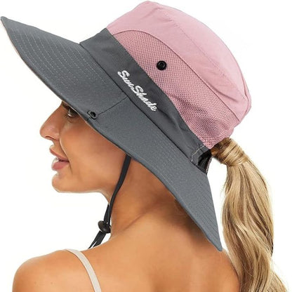 Sombrero de sol de ala ancha para mujer con abertura para coleta