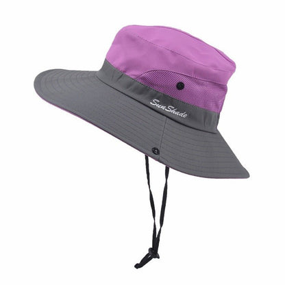 Sombrero de sol de ala ancha para mujer con abertura para coleta