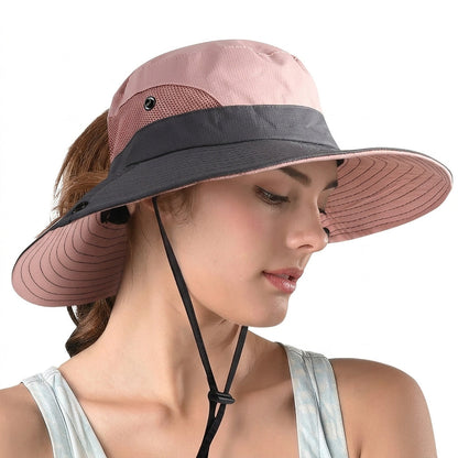 Sombrero de sol de ala ancha para mujer con abertura para coleta
